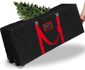 [ 2 Wheels & Buckle Straps ] Rolling Christmas Tree Storage Bag Fits 7.5 Ft Disassembled Tree, 50x20x12 Inch Waterproof 600D Oxford Card Slot Handles Dual Zipper Holiday Xmas Storage Container (Black)