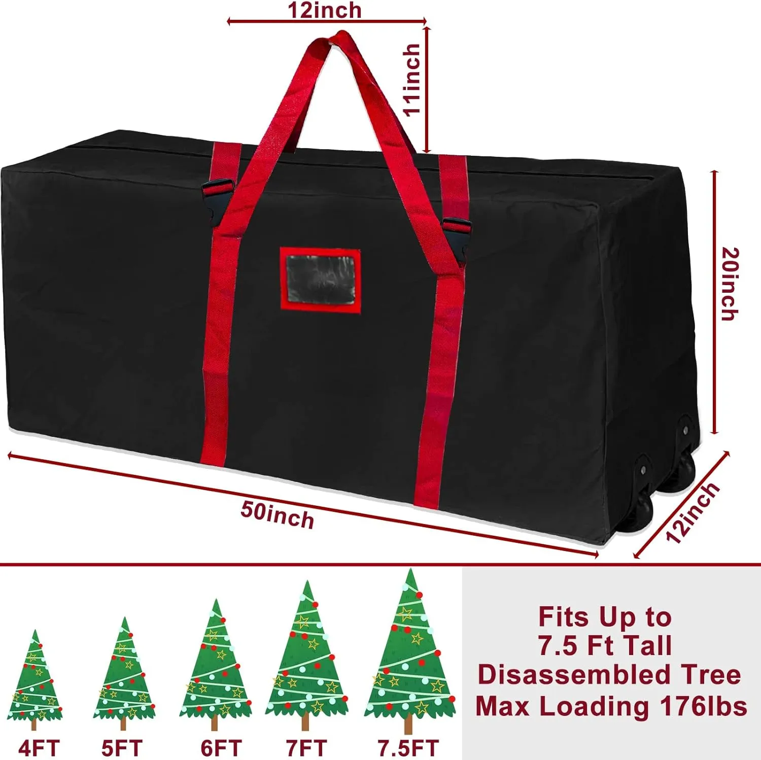 [ 2 Wheels & Buckle Straps ] Rolling Christmas Tree Storage Bag Fits 7.5 Ft Disassembled Tree, 50x20x12 Inch Waterproof 600D Oxford Card Slot Handles Dual Zipper Holiday Xmas Storage Container (Black)