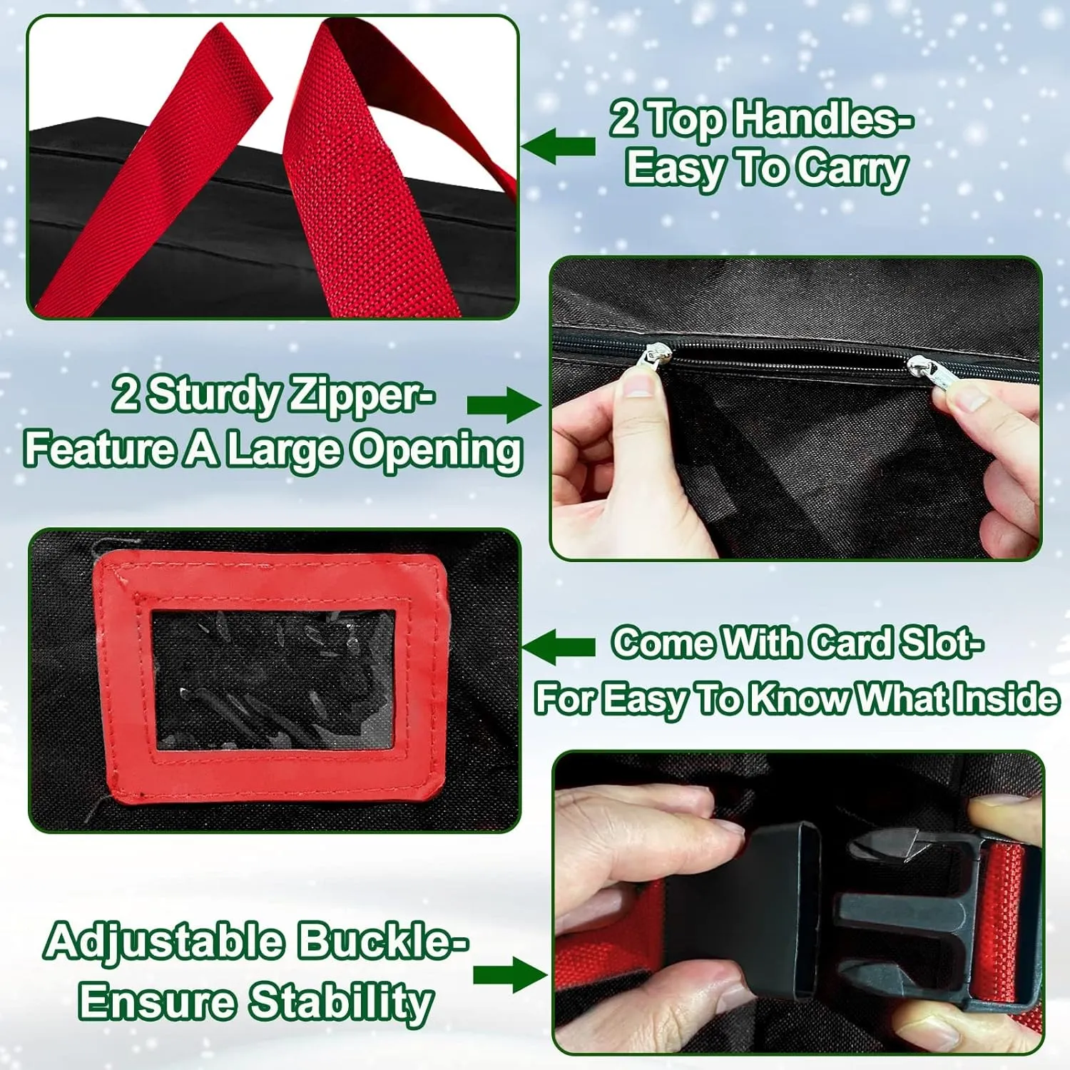 [ 2 Wheels & Buckle Straps ] Rolling Christmas Tree Storage Bag Fits 7.5 Ft Disassembled Tree, 50x20x12 Inch Waterproof 600D Oxford Card Slot Handles Dual Zipper Holiday Xmas Storage Container (Black)