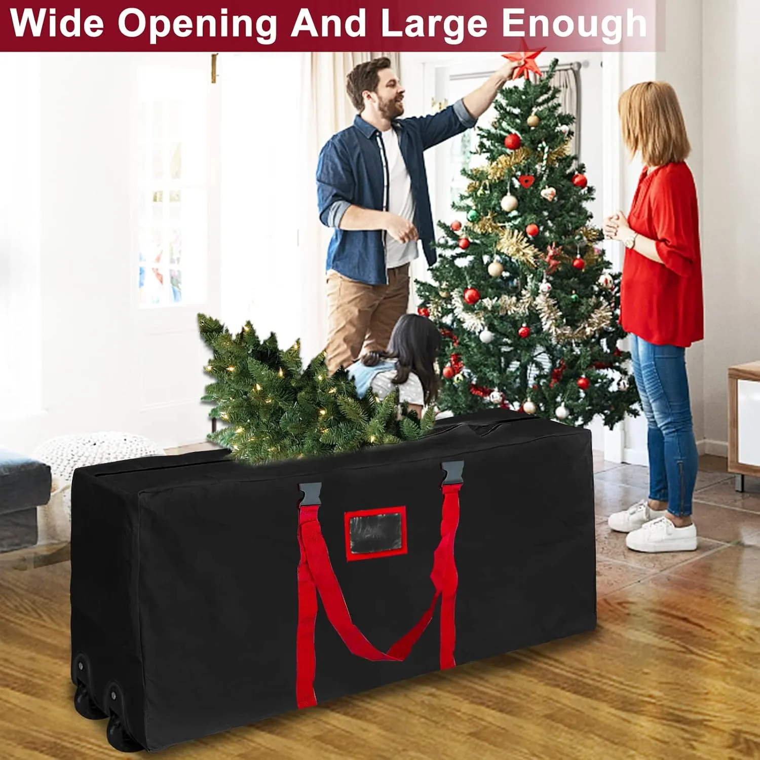 [ 2 Wheels & Buckle Straps ] Rolling Christmas Tree Storage Bag Fits 7.5 Ft Disassembled Tree, 50x20x12 Inch Waterproof 600D Oxford Card Slot Handles Dual Zipper Holiday Xmas Storage Container (Black)