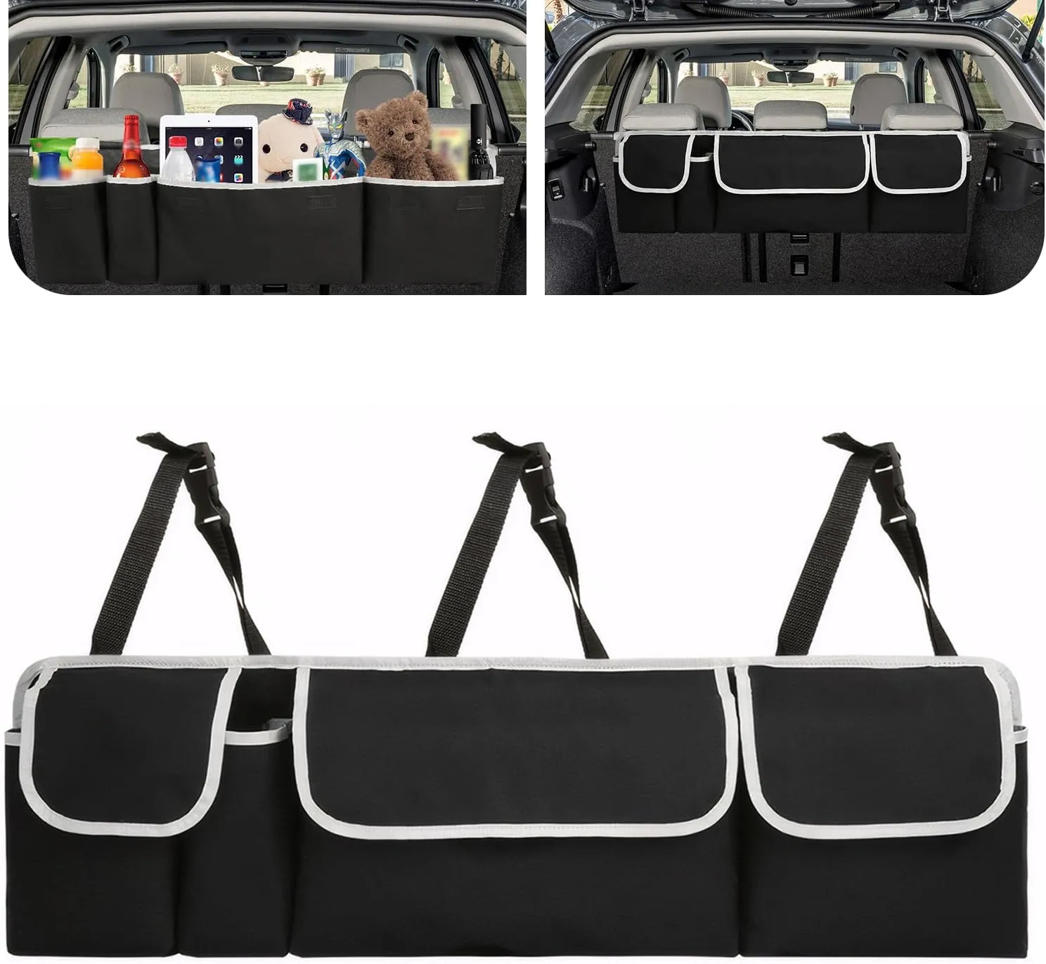 1 PC Car Trunk Seat Back Storage Bag, 36.2" x 3.9" x 11" Oxford Cloth Closure Foldable Large Capacity Waterproof Bag, Snap-on Mounting Accessories, for Most Cars SUVs MPVs (Black)
