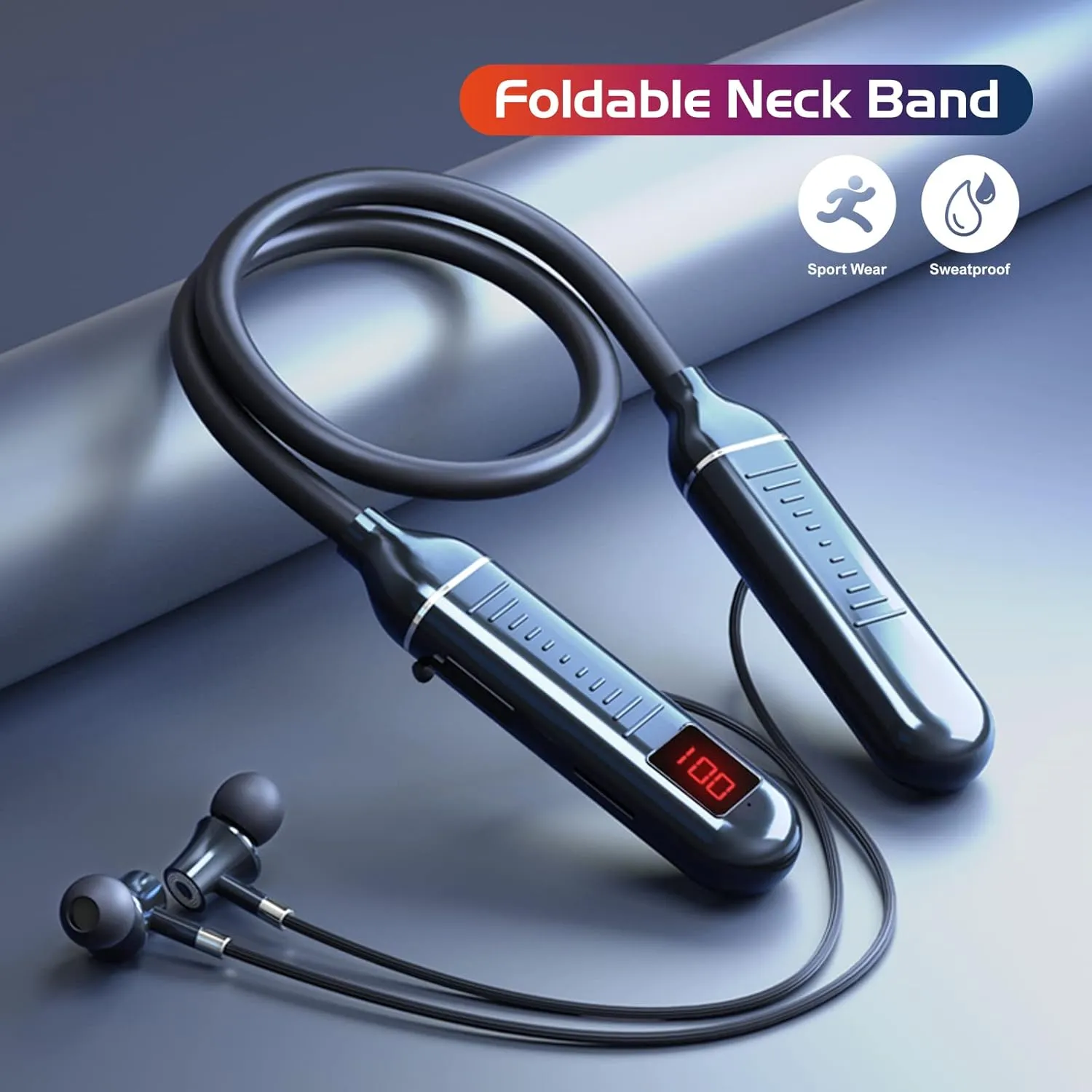 100 Hours Playtime Neckband Bluetooth Headphones with Digital Display, in Ear Wireless Earphones with Microphone, Game Mode, USB-C Fast Charging, for Workout Running Sport Work