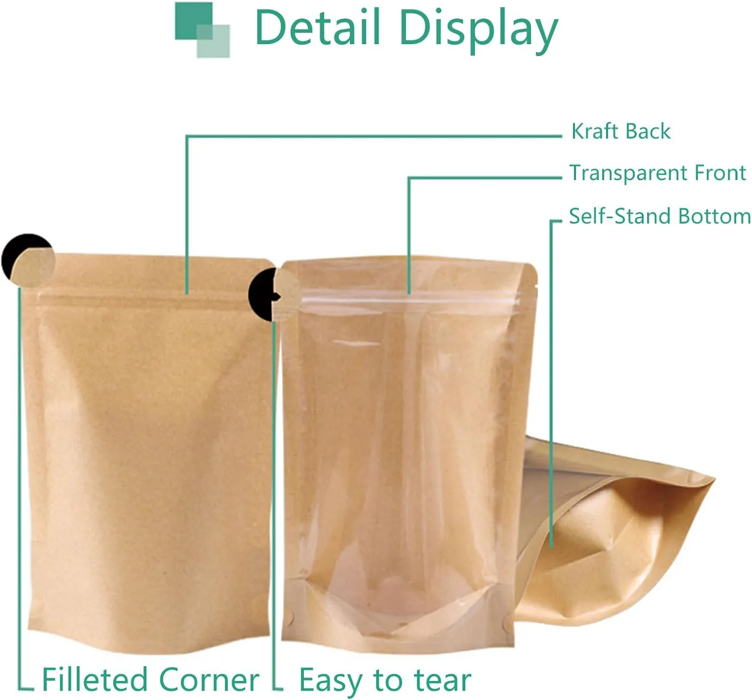 100 Pack Kraft Resealable Bags with Clear Front Stand Up Brown Kraft Bags with Window Transparent Bulk Pouches Ziplock Paper Bags 4.7""x7.8""