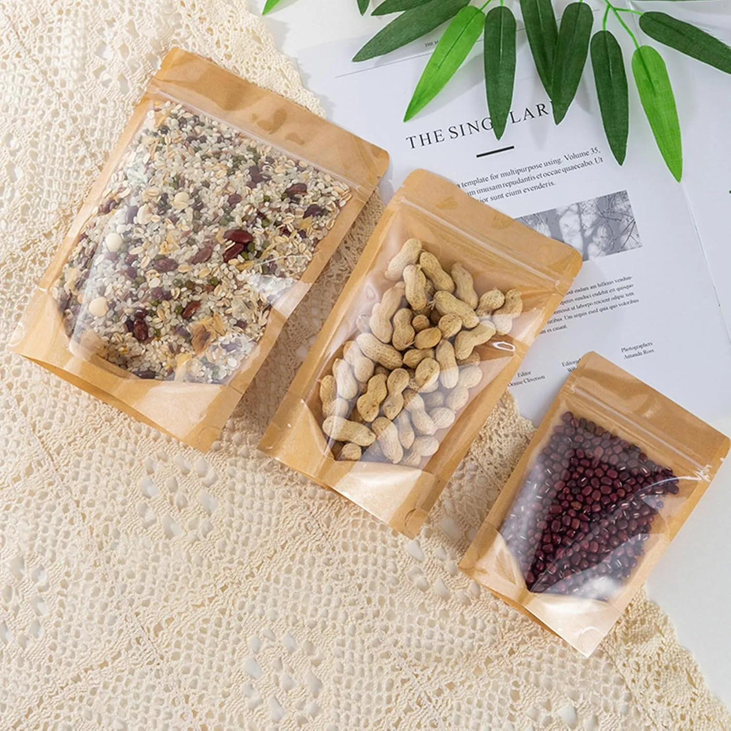 100 Pack Kraft Resealable Bags with Clear Front Stand Up Brown Kraft Bags with Window Transparent Bulk Pouches Ziplock Paper Bags 4.7""x7.8""