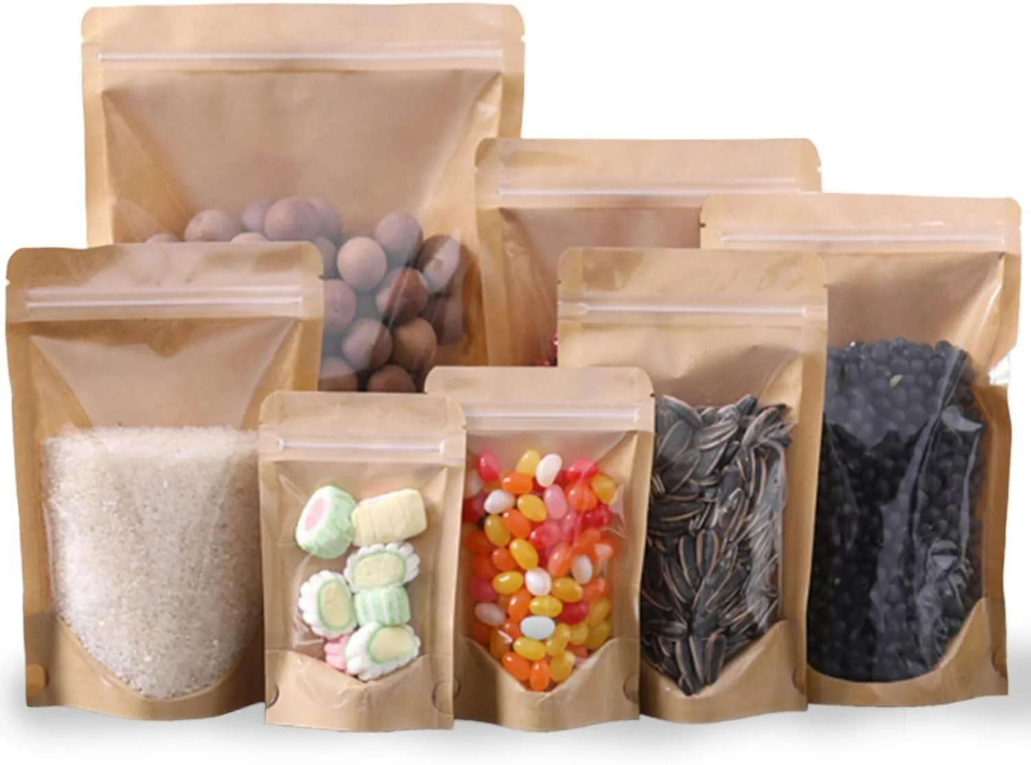 100 Pack Kraft Resealable Bags with Clear Front Stand Up Brown Kraft Bags with Window Transparent Bulk Pouches Ziplock Paper Bags 4.7""x7.8""