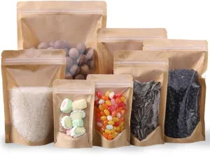 100 Pack Kraft Resealable Bags with Clear Front Stand Up Brown Kraft Bags with Window Transparent Bulk Pouches Ziplock Paper Bags 4.7""x7.8""