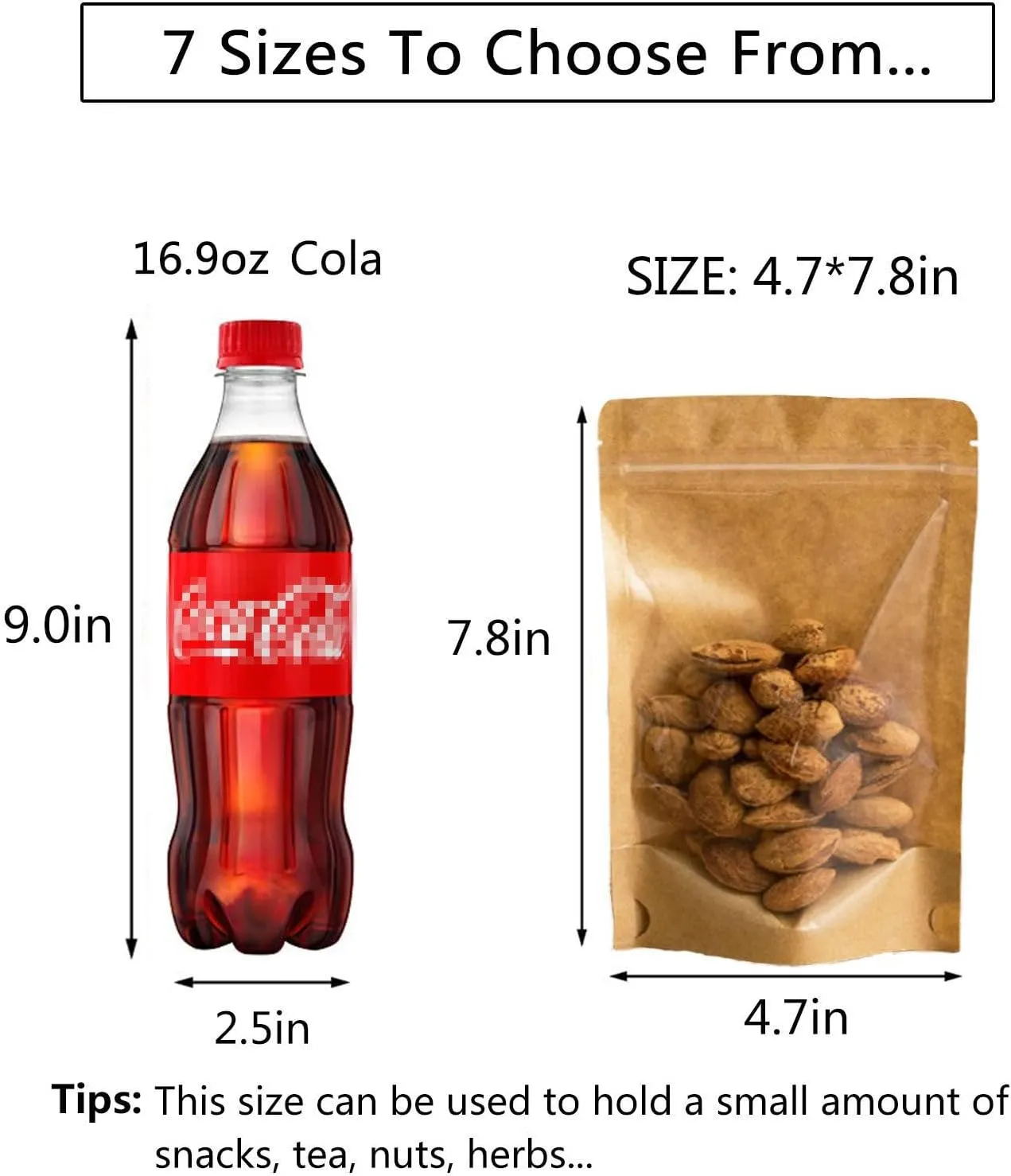 100 Pack Kraft Resealable Bags with Clear Front Stand Up Brown Kraft Bags with Window Transparent Bulk Pouches Ziplock Paper Bags 4.7""x7.8""
