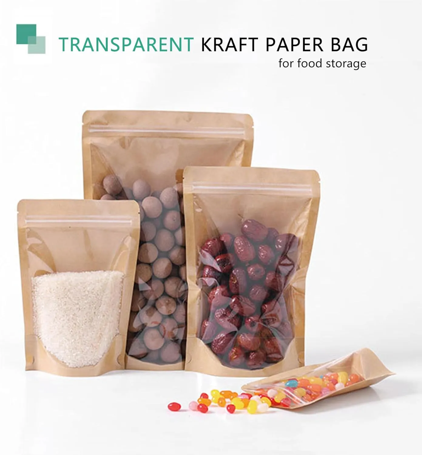 100 Pack Kraft Resealable Bags with Clear Front Stand Up Brown Kraft Bags with Window Transparent Bulk Pouches Ziplock Paper Bags 4.7""x7.8""
