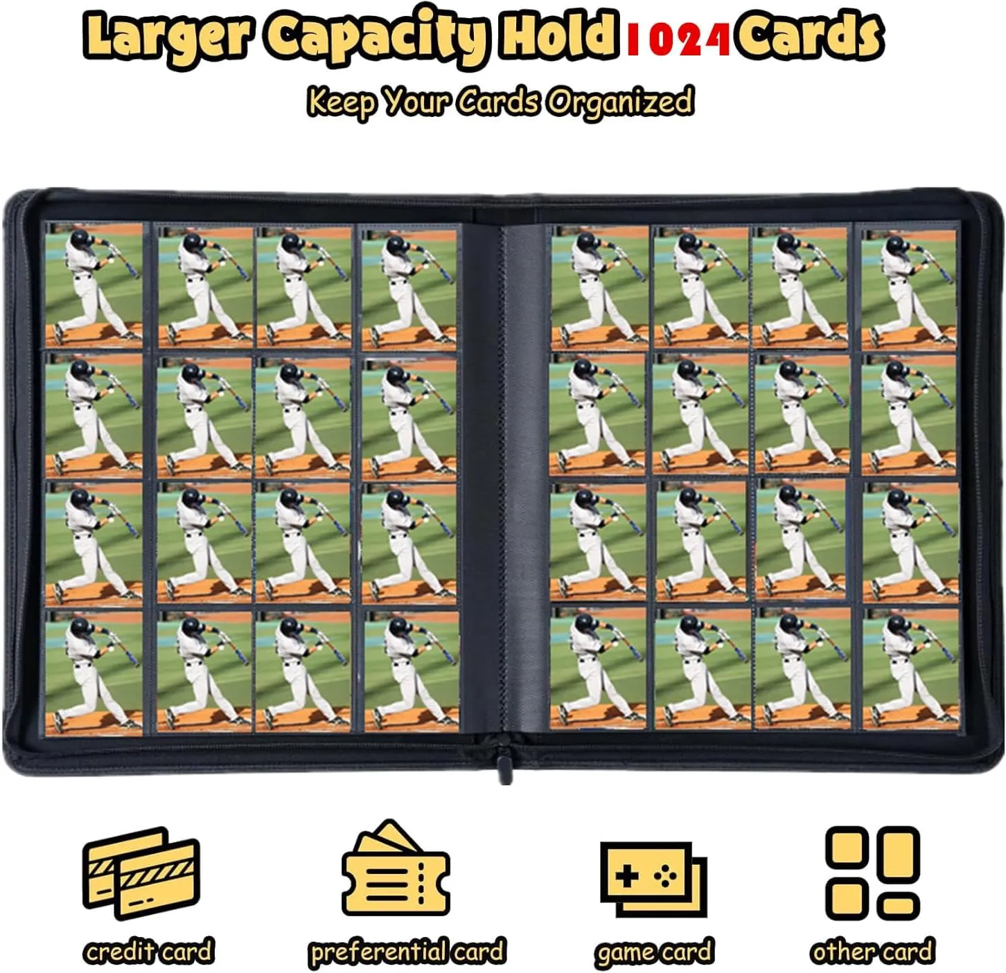 1000  Pockets Card Binder, Trading Card Binder 16 Pocket, PU Cover with Costum Label, Card Collection Binder for Tcg, MTG, Yugi, Hoke Cards and Cards Sleeve, Card Holder Binders (Yellow&Black)