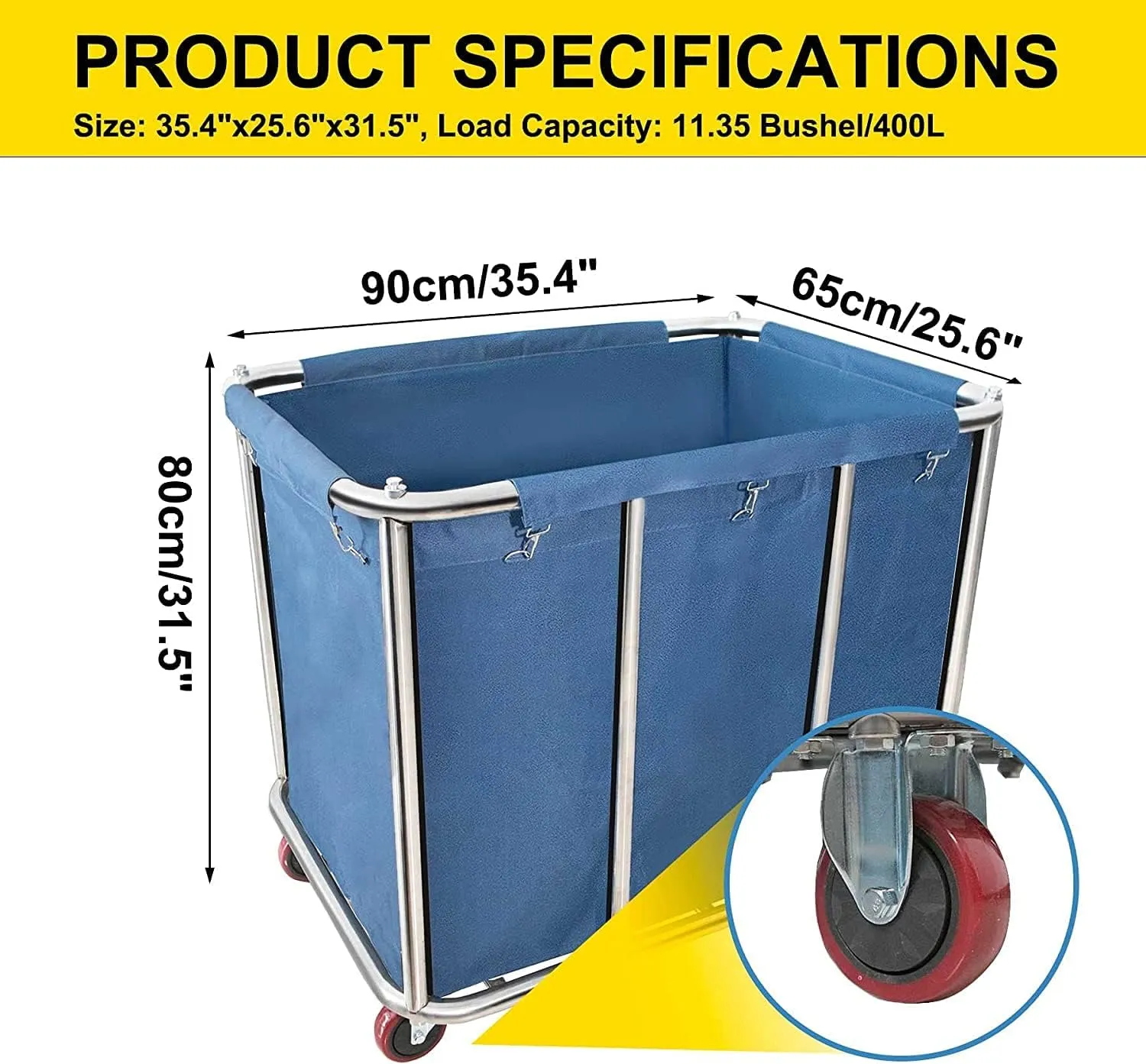 11.35 Bushel Industrial Rolling Laundry Cart,Commercial Laundry Basket Household,Large Heavy Duty Laundry hampers with Wheels,for Hotel/Laundry/School/Home,35.4''Lx25.6''WX31.5''H,400L