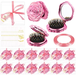 12 Set Rose Compact Pocket Mirror Brush Bulk Wedding Quinceanera Party Favors for Guests Including Rose Pocket Mirror Brush Thank You Tags Clear Boxes with Ribbons for Bridal Shower Souvenir Gift