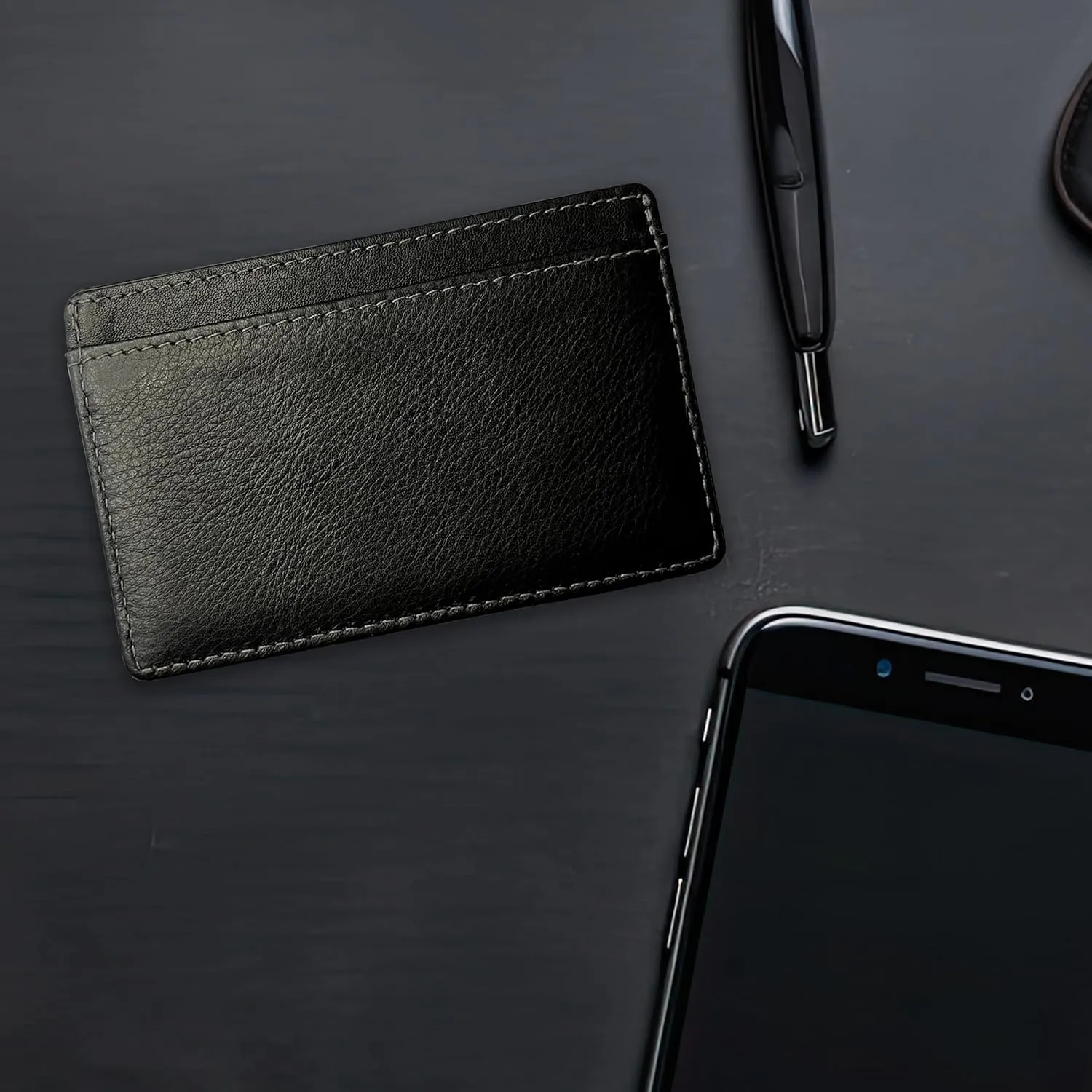 2 Card Minimalist Wallet for Men & Women - Genuine Leather Ultra Thin Black Credit Card Holder - Compatible with American Express Platinum