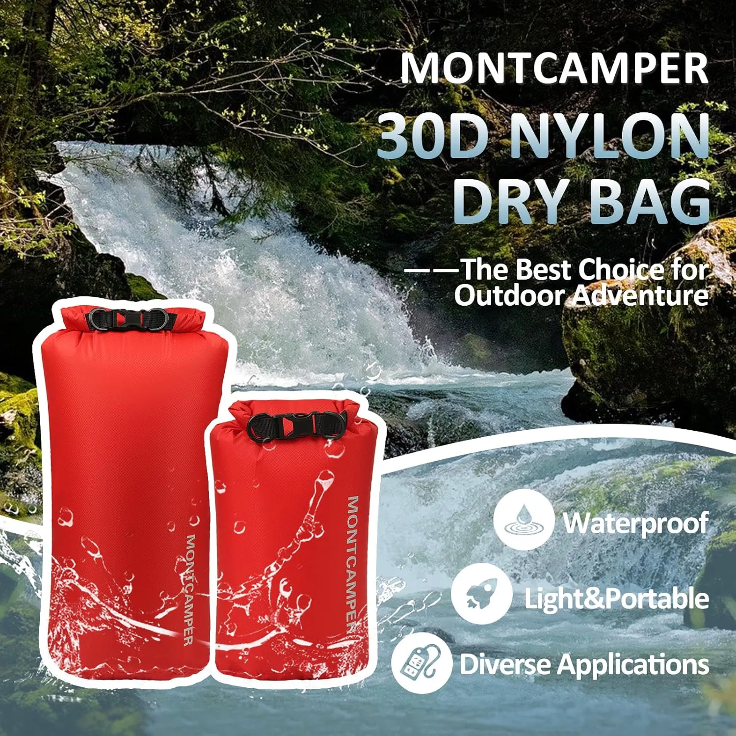 2-pack 30D Nylon Waterproof Dry Bag-Portable Storage Sack for Kayaking, Hiking and Rafting-Roll Top Closure-Float on Water(5L/20L,Red)