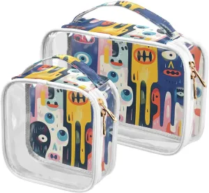 2 Pack clear Cartoon Doodle Colorful Eyes toiletry bag small TSA approved reusable cosmetic travel bag shaving essentials