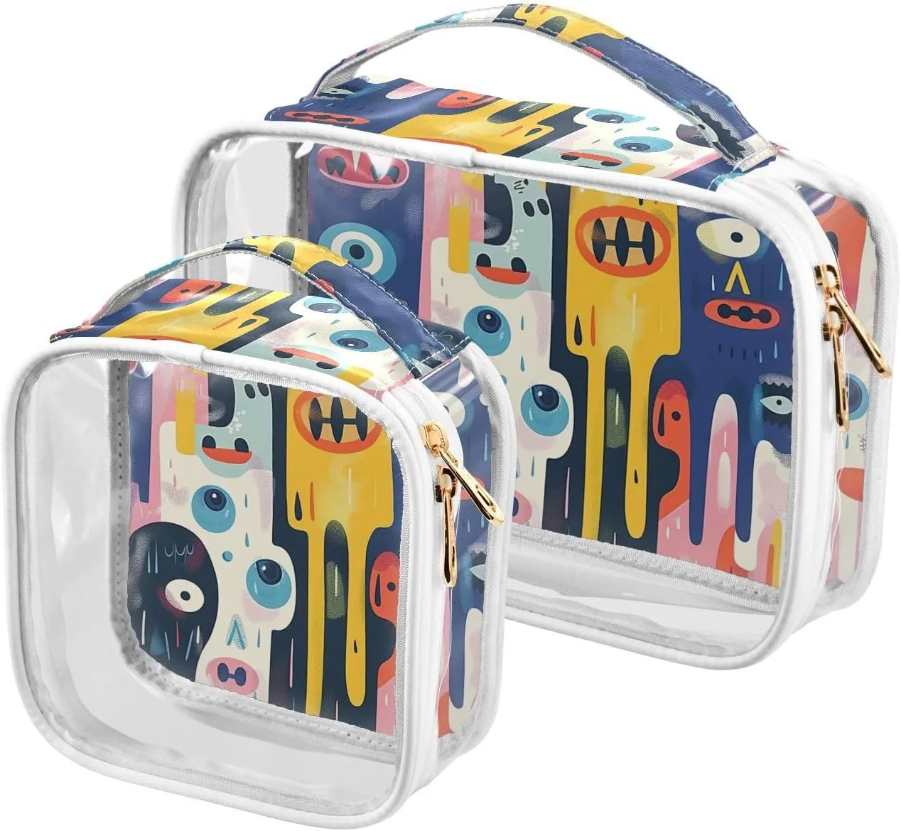 2 Pack clear Cartoon Doodle Colorful Eyes toiletry bag small TSA approved reusable cosmetic travel bag shaving essentials