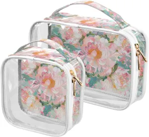 2 Pack clear Peony Flower Floral makeup and toiletry TSA approved multifunctional cosmetic travel bag shaving essentials
