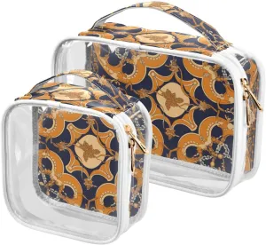 2 Pack clear Vintage Flower Pattern Orange and Navy Blue travel bag toiletry TSA approved reusable makeup bag travel Men’s shaving kit