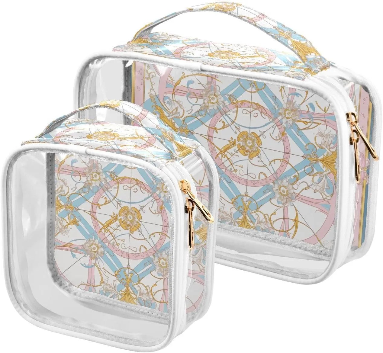 2 Pack clear Vintage Flower Pattern Pink and Light Blue travel toiletry bags TSA approved water-resistant makeup brush bag Airport Airline Compliant