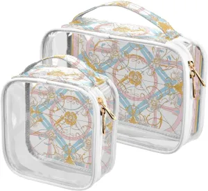2 Pack clear Vintage Flower Pattern Pink and Light Blue travel toiletry bags TSA approved water-resistant makeup brush bag Airport Airline Compliant