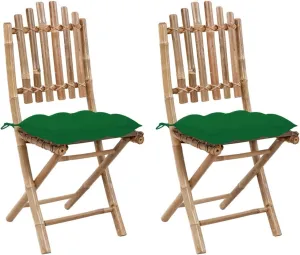 2-Pack Foldable Bamboo Patio Chairs with Green Cushions, Outdoor Furniture Set for Garden Dining Poolside Lounging and Camping, Weather-Resistant Foldable Chairs