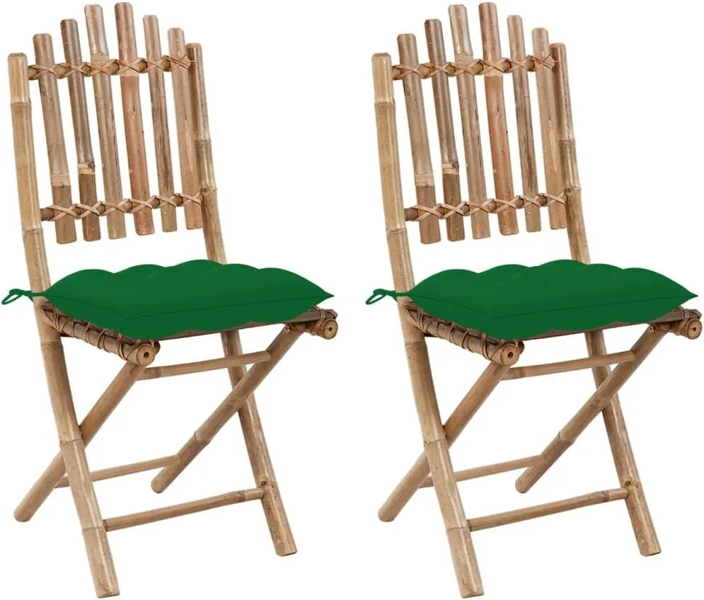 2-Pack Foldable Bamboo Patio Chairs with Green Cushions, Outdoor Furniture Set for Garden Dining Poolside Lounging and Camping, Weather-Resistant Foldable Chairs