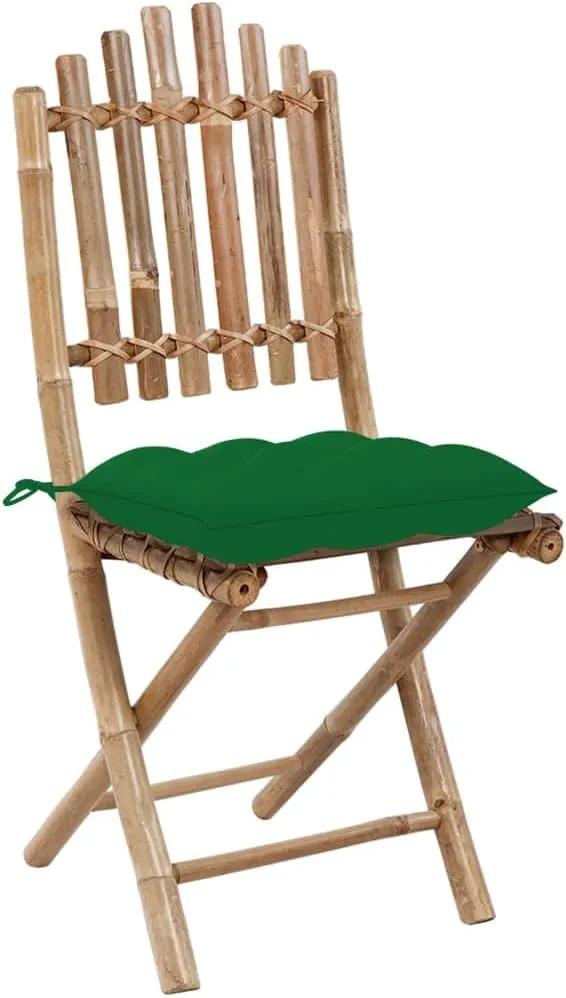 2-Pack Foldable Bamboo Patio Chairs with Green Cushions, Outdoor Furniture Set for Garden Dining Poolside Lounging and Camping, Weather-Resistant Foldable Chairs