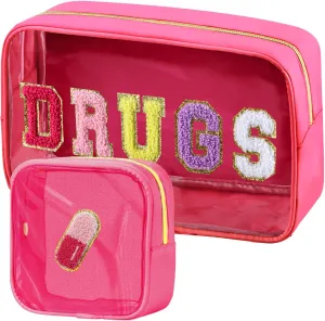 2 Pcs Chenille Letter Clear Makeup Bag, Nylon & PVC Transparent Cosmetic Toiletry Storage for Women Girls, Preppy Patch Drug Meds Bag, Rose Red