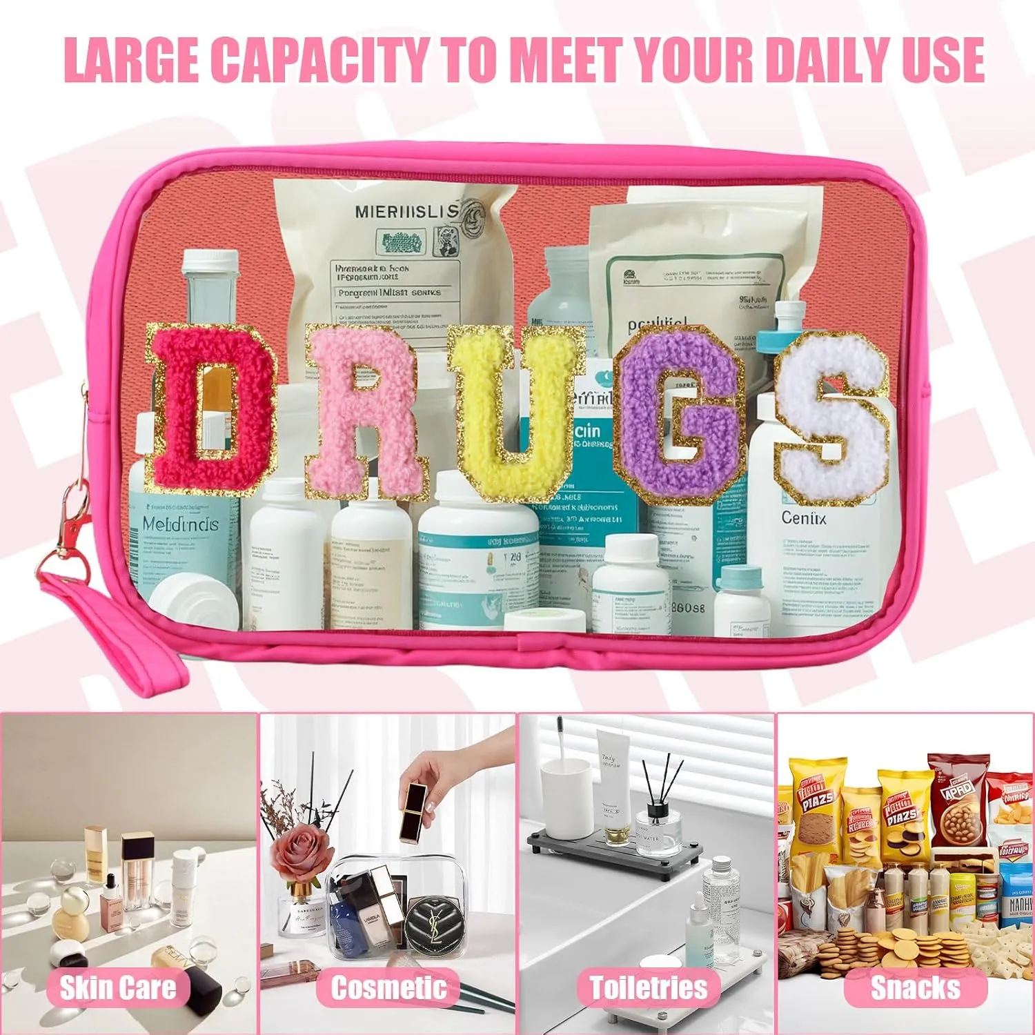 2 Pcs Chenille Letter Clear Makeup Bag, Nylon & PVC Transparent Cosmetic Toiletry Storage for Women Girls, Preppy Patch Drug Meds Bag, Rose Red