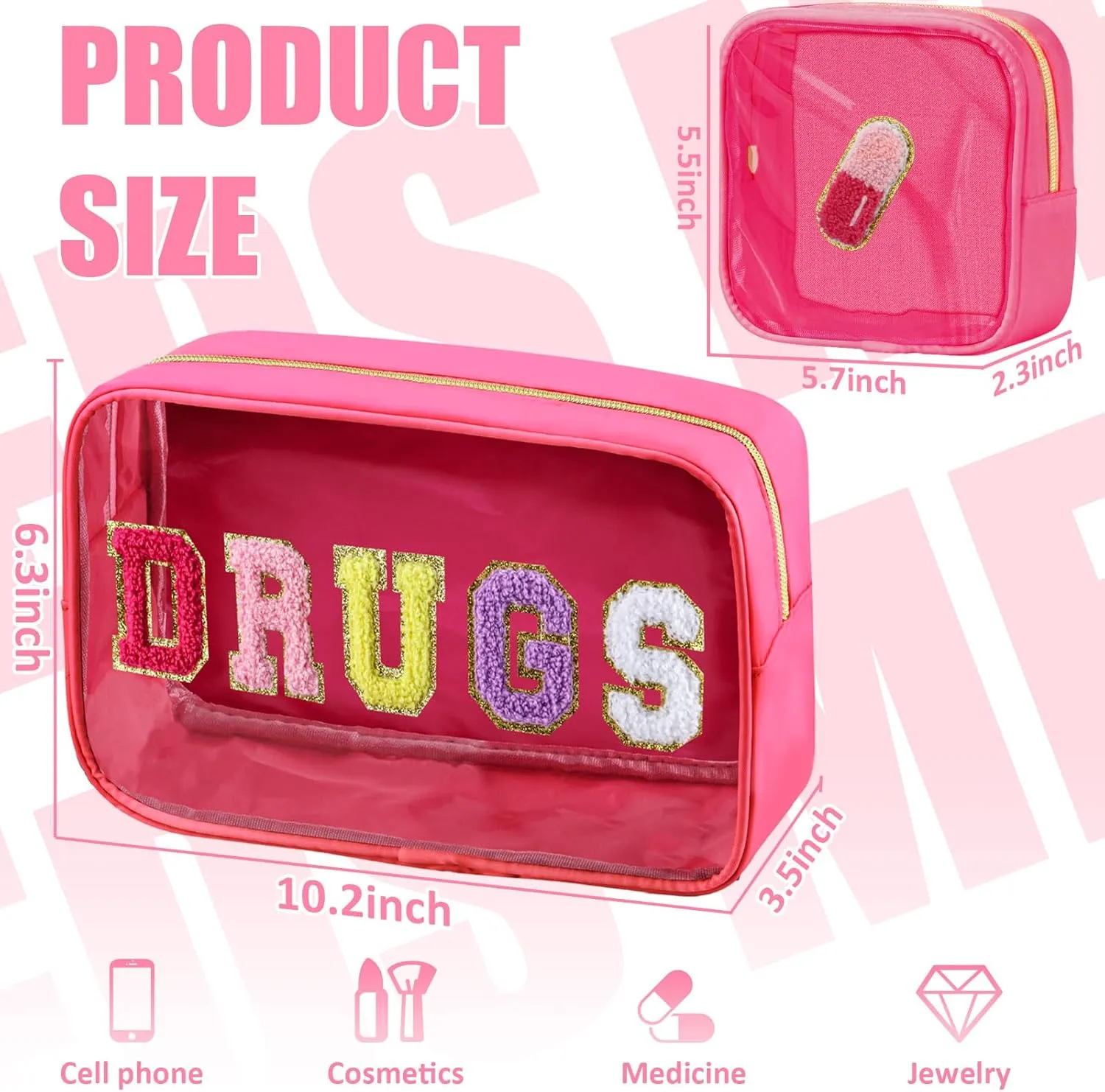 2 Pcs Chenille Letter Clear Makeup Bag, Nylon & PVC Transparent Cosmetic Toiletry Storage for Women Girls, Preppy Patch Drug Meds Bag, Rose Red