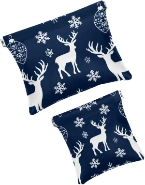 2 Pcs Faux Leather Makeup Bag for Purse, Portable Travel Small Makeup Pocket, Portable Travel Makeup Bag for Women, Multifunctional Travel Storage Bag, Christmas Snowflake Elk Gift Blue
