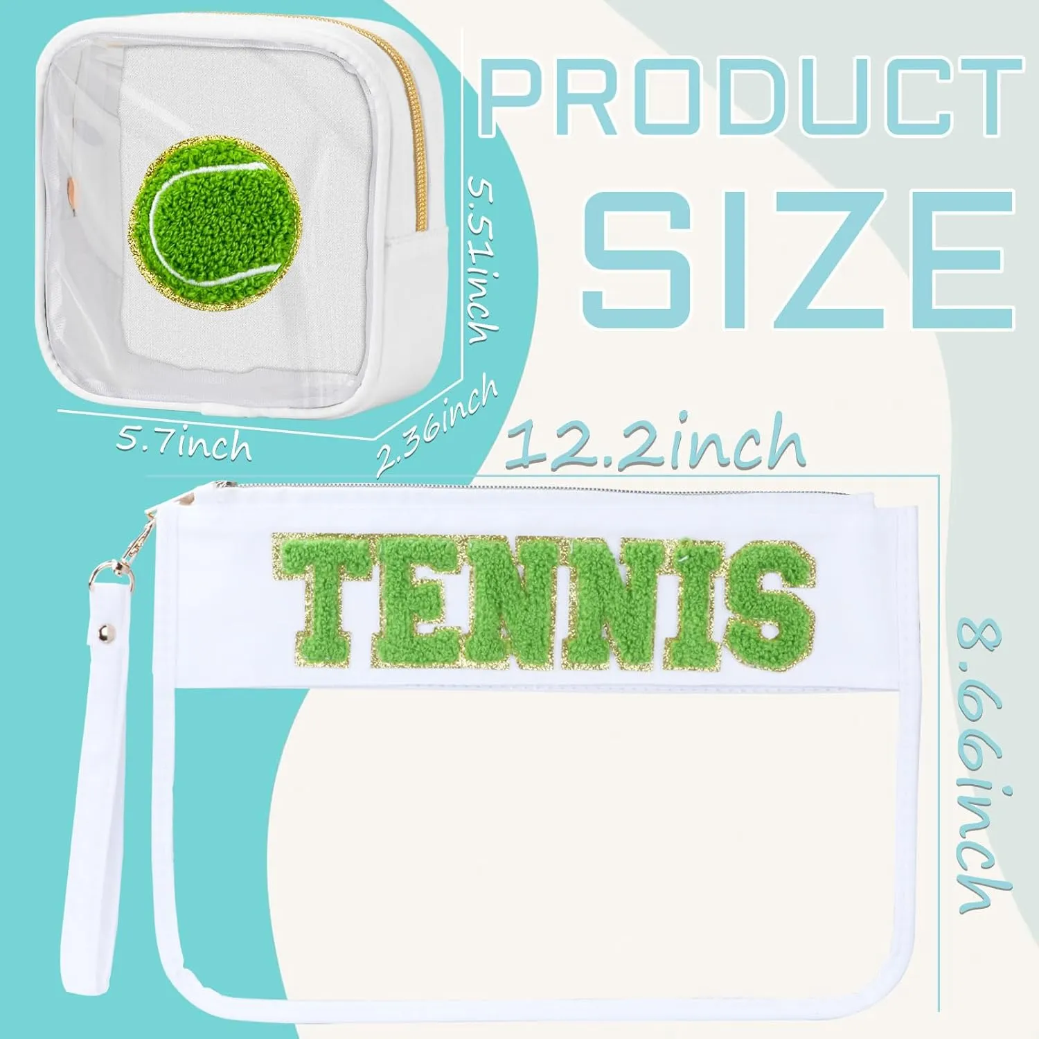 2 Pcs Tennis Gifts Cosmetic Makeup Bag with Chenille Letter Patch, Clear Pouch PVC Organizer Purse, Waterproof Travel Bag, Portable Toiletry Storage Bag for Her Girls Friends Women