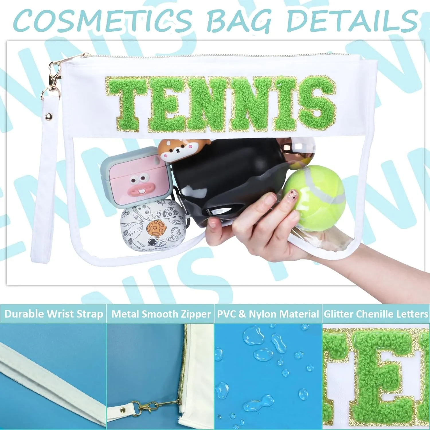 2 Pcs Tennis Gifts Cosmetic Makeup Bag with Chenille Letter Patch, Clear Pouch PVC Organizer Purse, Waterproof Travel Bag, Portable Toiletry Storage Bag for Her Girls Friends Women