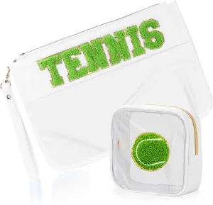 2 Pcs Tennis Gifts Cosmetic Makeup Bag with Chenille Letter Patch, Clear Pouch PVC Organizer Purse, Waterproof Travel Bag, Portable Toiletry Storage Bag for Her Girls Friends Women