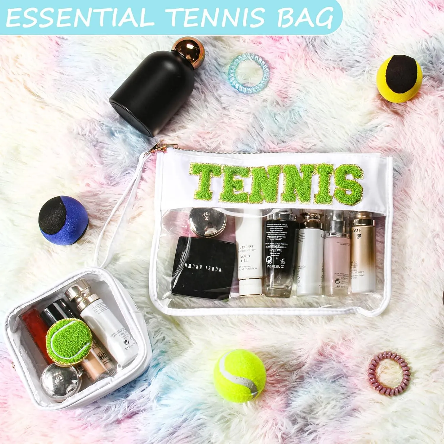 2 Pcs Tennis Gifts Cosmetic Makeup Bag with Chenille Letter Patch, Clear Pouch PVC Organizer Purse, Waterproof Travel Bag, Portable Toiletry Storage Bag for Her Girls Friends Women