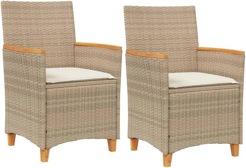 2-Piece Patio Chairs with Cushions Beige PE Rattan & Acacia Wood Outdoor Lounge Chairs for Backyard, Poolside, Deck, Sunroom Durable Weather-Resistant Furniture Set