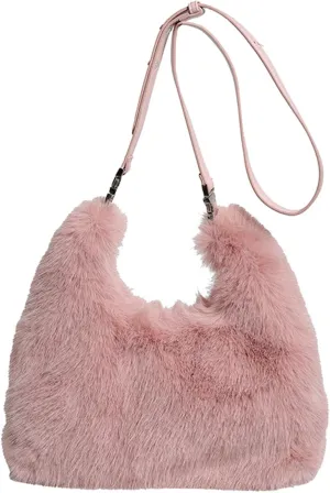 2024 Winter Faux Fox Fur Plush Tote Shoulder Bag Women Large PU Strap Stylish Handbag Crossbody Purse