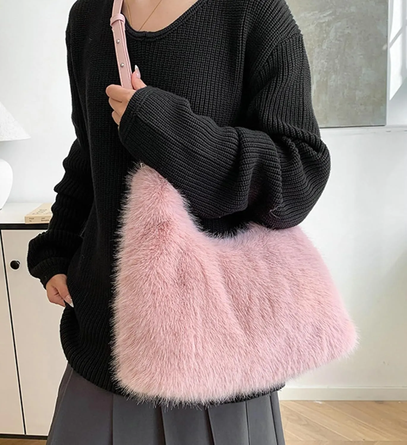 2024 Winter Faux Fox Fur Plush Tote Shoulder Bag Women Large PU Strap Stylish Handbag Crossbody Purse
