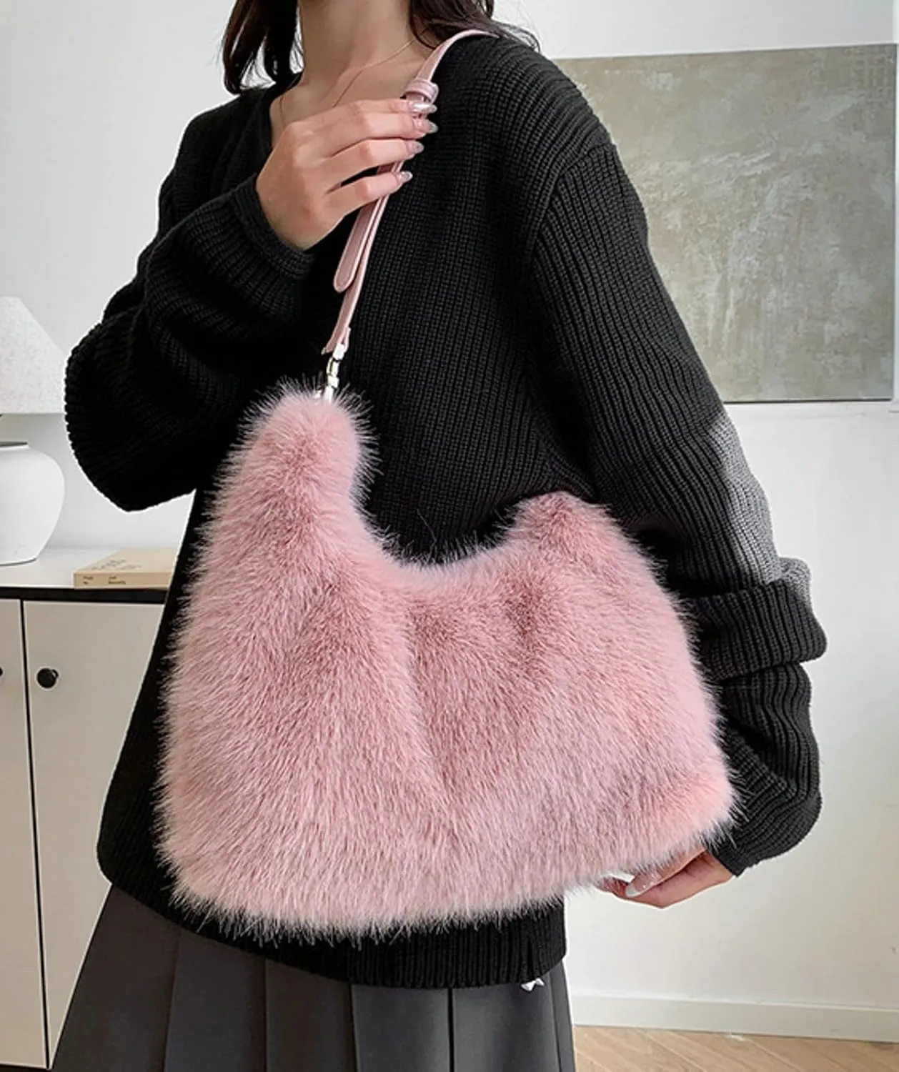2024 Winter Faux Fox Fur Plush Tote Shoulder Bag Women Large PU Strap Stylish Handbag Crossbody Purse