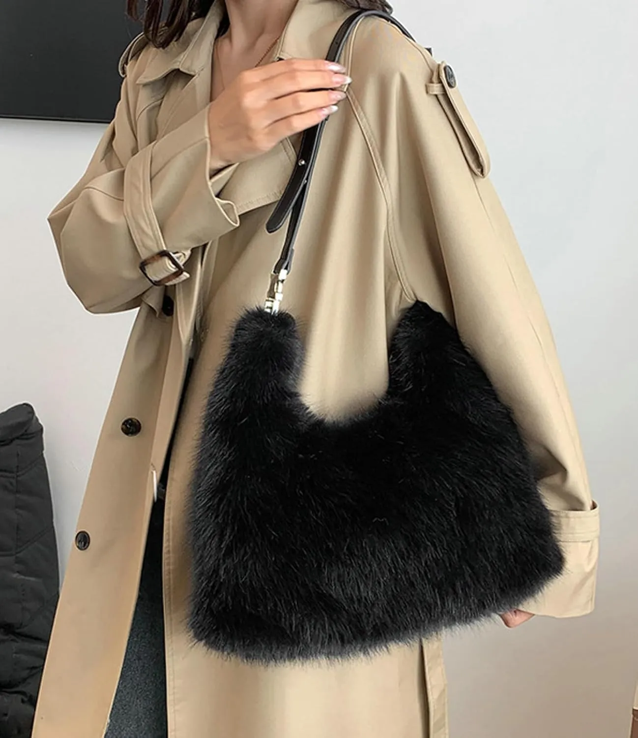 2024 Winter Faux Fox Fur Plush Tote Shoulder Bag Women Large PU Strap Stylish Handbag Crossbody Purse
