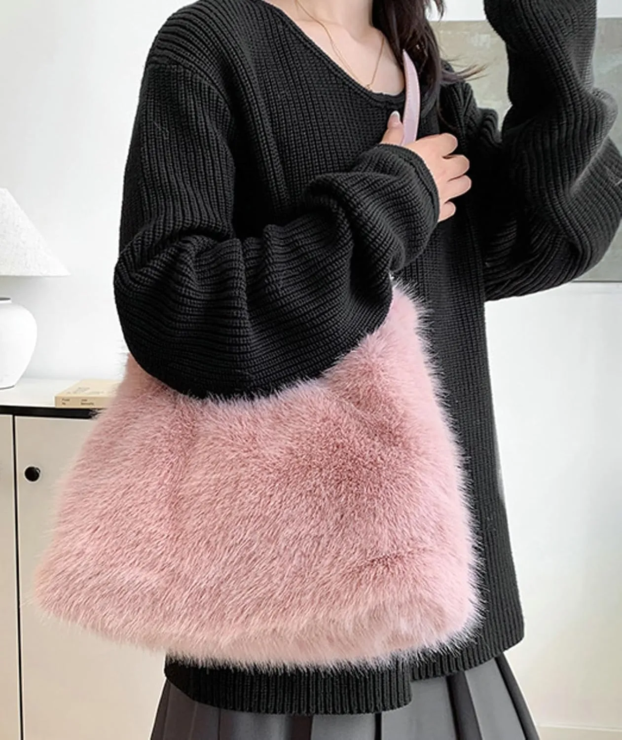 2024 Winter Faux Fox Fur Plush Tote Shoulder Bag Women Large PU Strap Stylish Handbag Crossbody Purse
