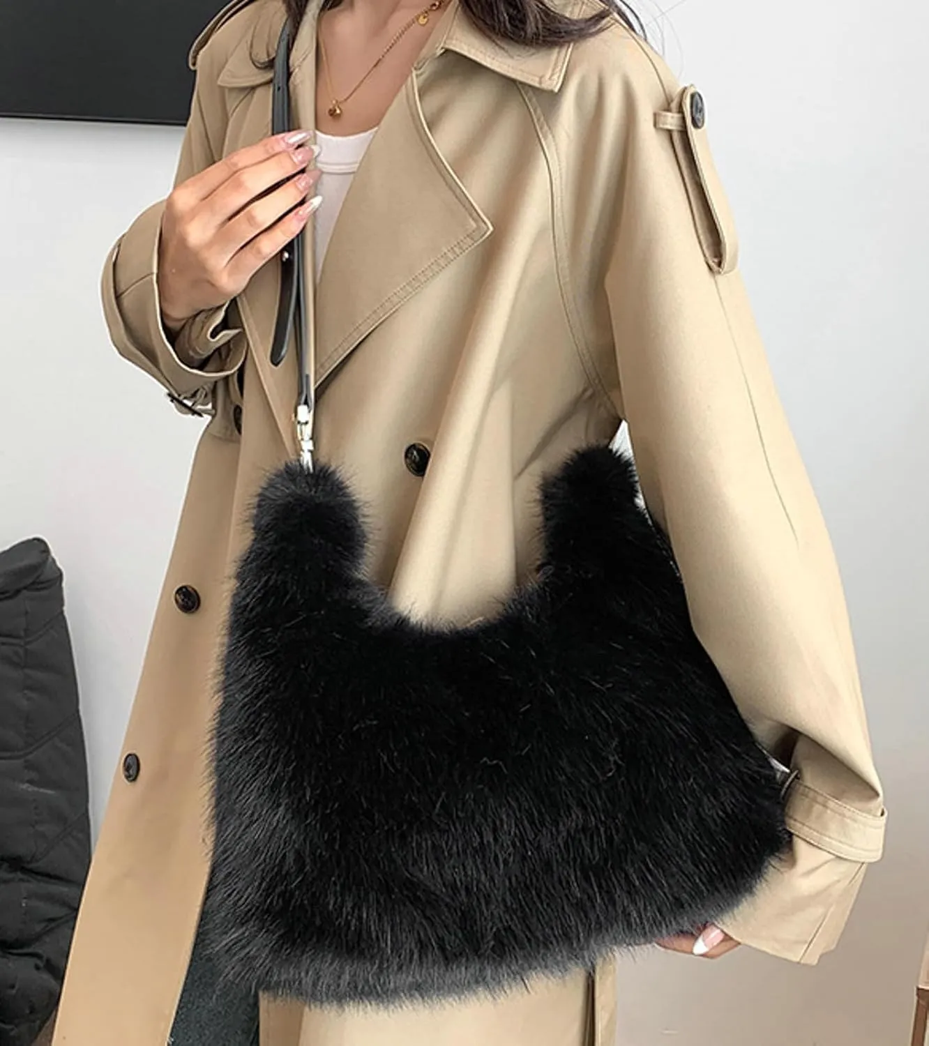 2024 Winter Faux Fox Fur Plush Tote Shoulder Bag Women Large PU Strap Stylish Handbag Crossbody Purse