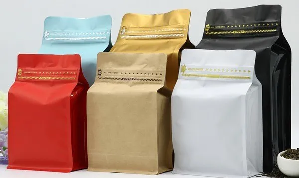 250g Box Bottom Coffee Pouch, Multi Matt Colours, Foil Lined, Tear Off Zip Lock, With / Without Valve