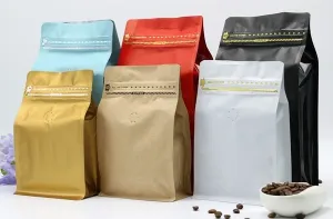 250g Box Bottom Coffee Pouch, Multi Matt Colours, Foil Lined, Tear Off Zip Lock, With / Without Valve