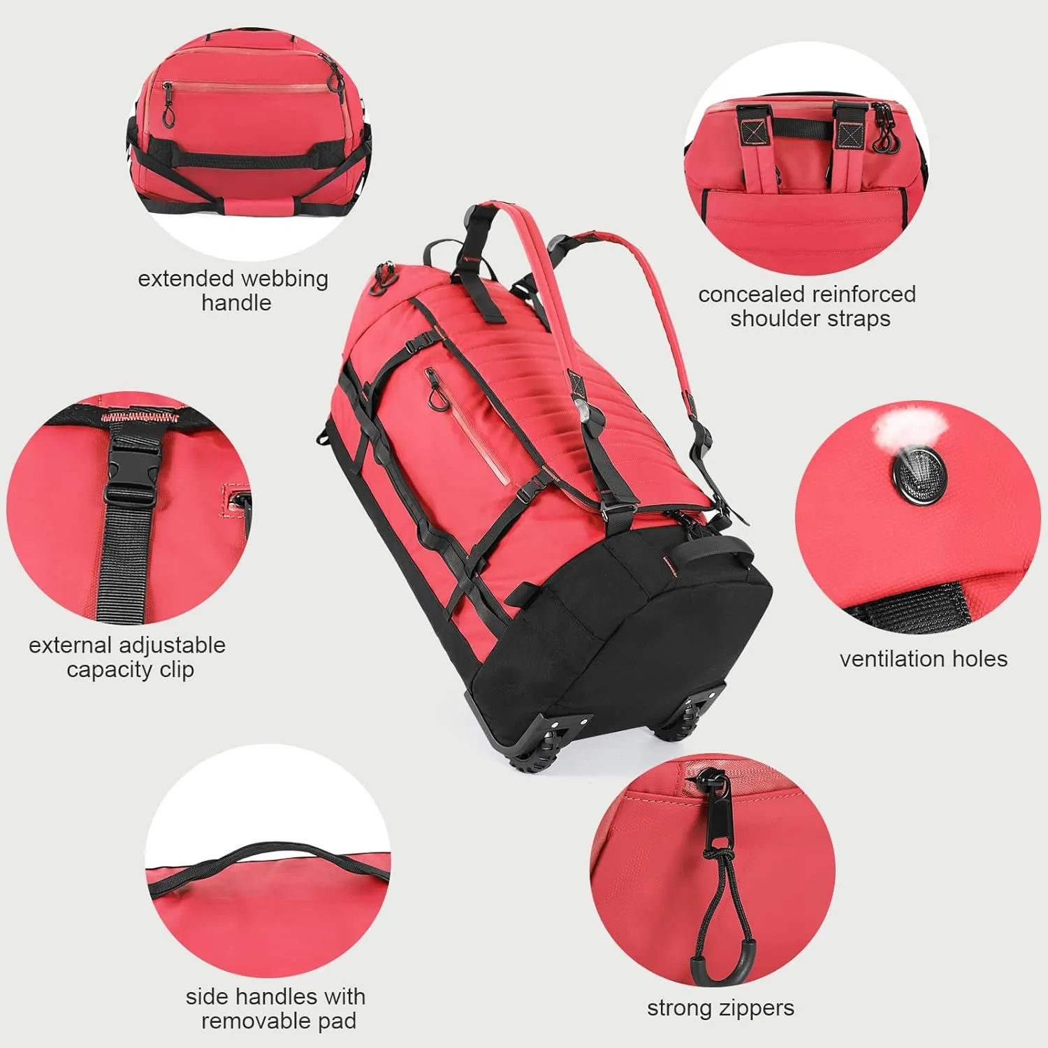 29" 86L Foldable Wheeled Duffle Bag, Waterproof Travel Rolling Backpack with Quilted Bottom, Red