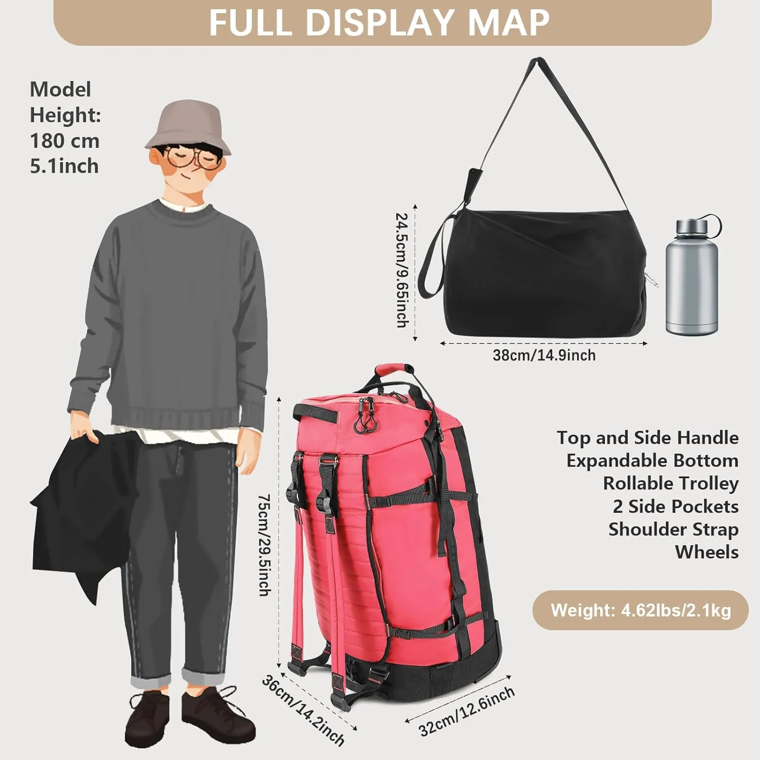 29" 86L Foldable Wheeled Duffle Bag, Waterproof Travel Rolling Backpack with Quilted Bottom, Red