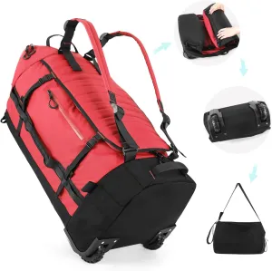 29" 86L Foldable Wheeled Duffle Bag, Waterproof Travel Rolling Backpack with Quilted Bottom, Red