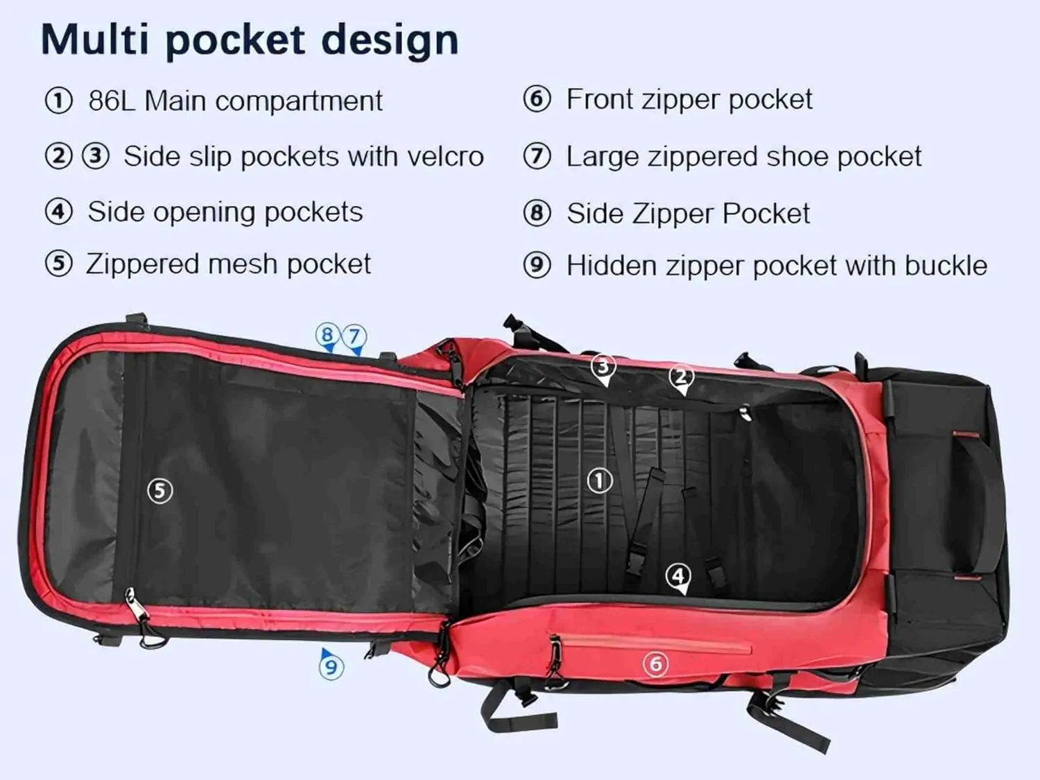 29" 86L Foldable Wheeled Duffle Bag, Waterproof Travel Rolling Backpack with Quilted Bottom, Red