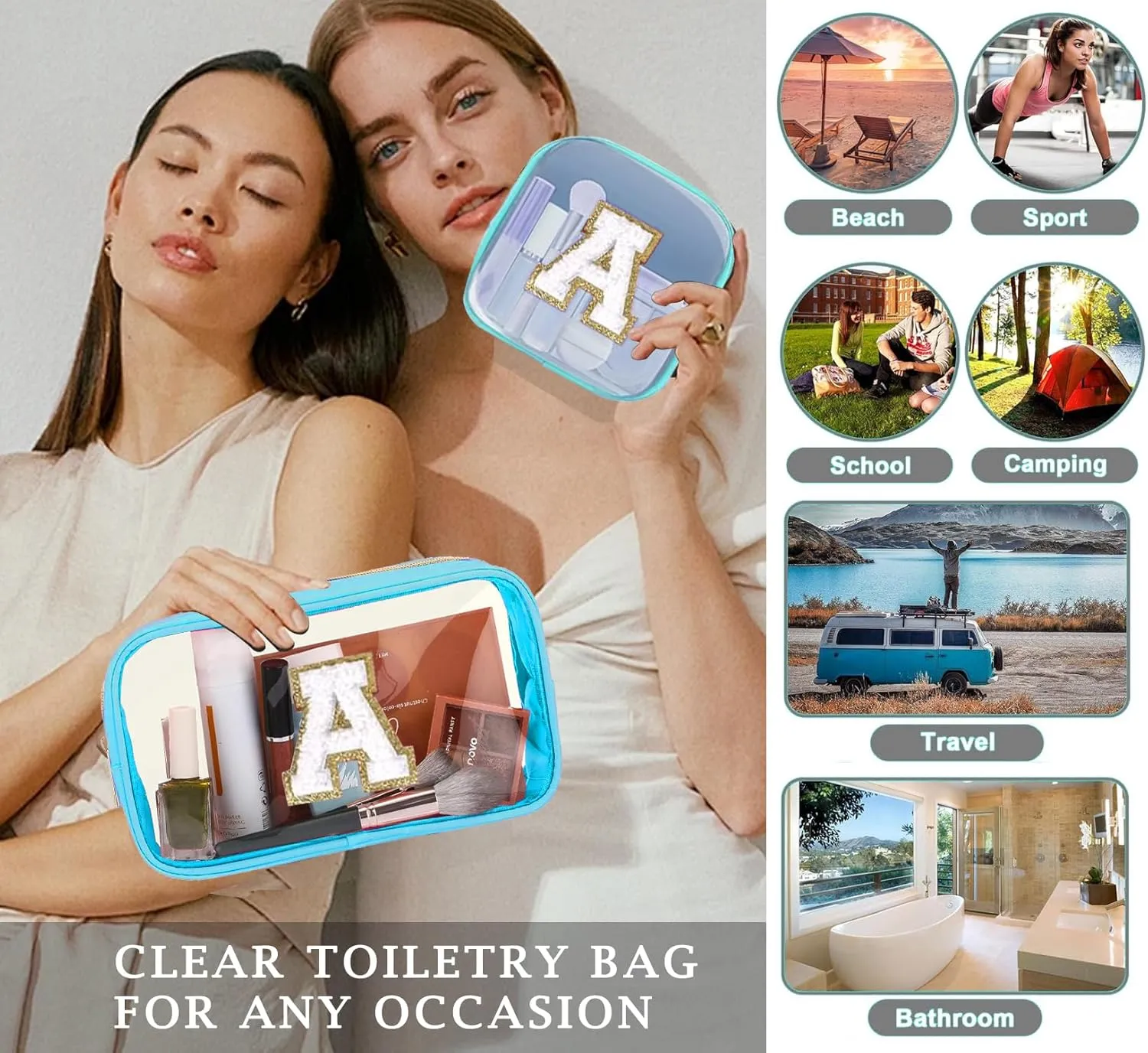 2pcs Personalized Initial Letter Clear Makeup Bag | Waterproof Nylon Preppy Cosmetic Bag | Travel Toiletry Bag | Monogrammed Gifts for Women Girl | Wedding Bridal Shower Gifts for Bridesmaids(Blue E)