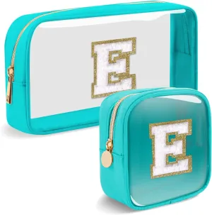 2pcs Personalized Initial Letter Clear Makeup Bag | Waterproof Nylon Preppy Cosmetic Bag | Travel Toiletry Bag | Monogrammed Gifts for Women Girl | Wedding Bridal Shower Gifts for Bridesmaids(Blue E)