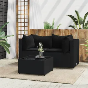 3-Piece Patio Lounge Set with Cushions Black Poly Rattan Outdoor Furniture for Garden Balcony Deck Comfy Modular Sofa Set